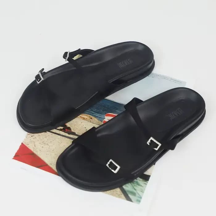 Sandales noires à semelles plates pour femmes, chaussures d'été à Double sangle avec boucle en stras