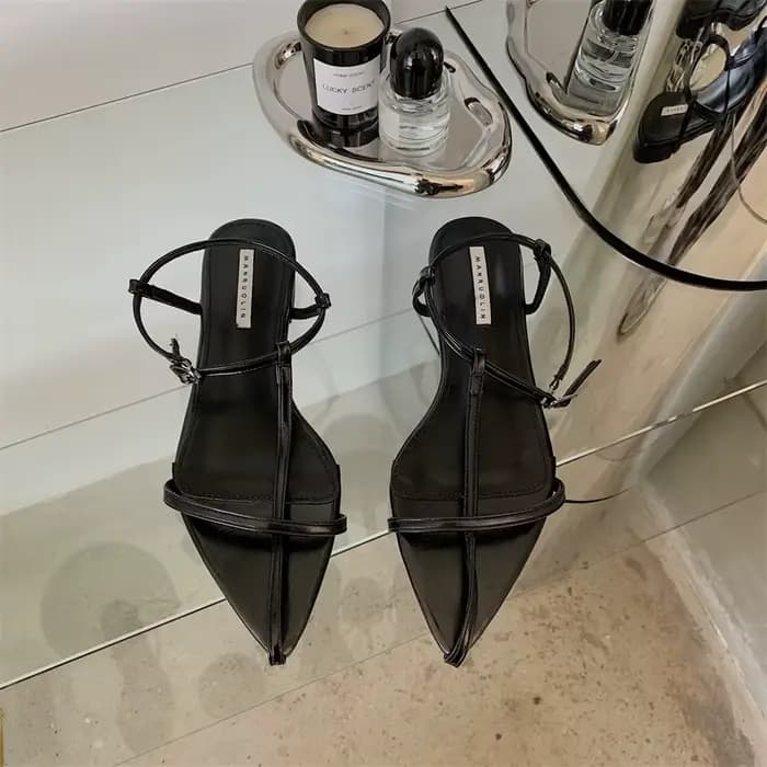 Sandales noires à bande étroite pour femmes, chaussures de gladiateur pour dames, robe élégante, Par