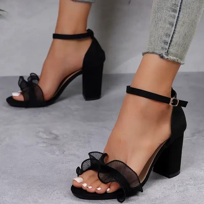 Sandales noires à talons hauts pour femmes, décoration en dentelle, été, talons épais, bout ouvert, 
