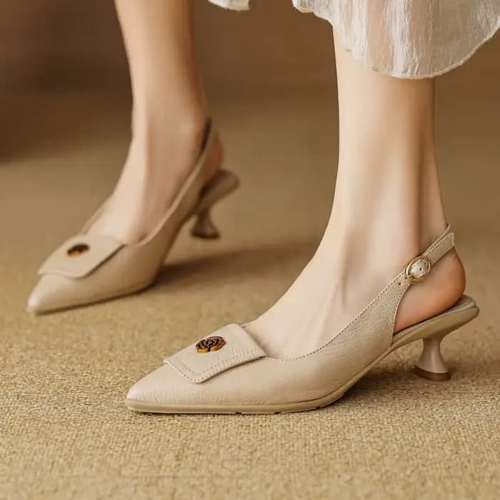 Escarpins à bride arrière en cuir véritable pour femmes, bout pointu, talon chaton, dames élégantes,