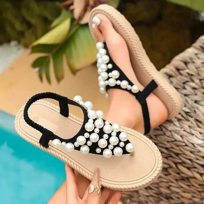 Sandales de plage de luxe décorées de perles pour femme, été 2026, légères et confortables, à talon 