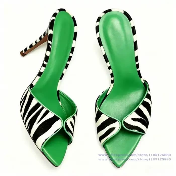 Mules à talons aiguilles fines, imprimé zèbre et vache, vert vif, avec semelle intérieure en cuir, b