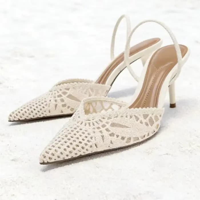 Sandales de marque en maille ajourée beige pour femme, sexy, à bout pointu, talons aiguilles, style 