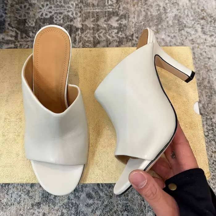 Pantoufles fines à talons hauts pour femmes, couleur unie, sandales à bout ouvert en cuir véritable,