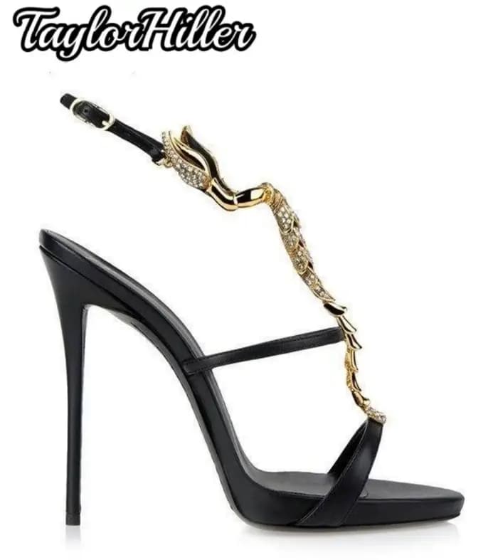 Décor doré sandales à talons en cristal à lanières talons hauts femmes chaussures de créateur de lux