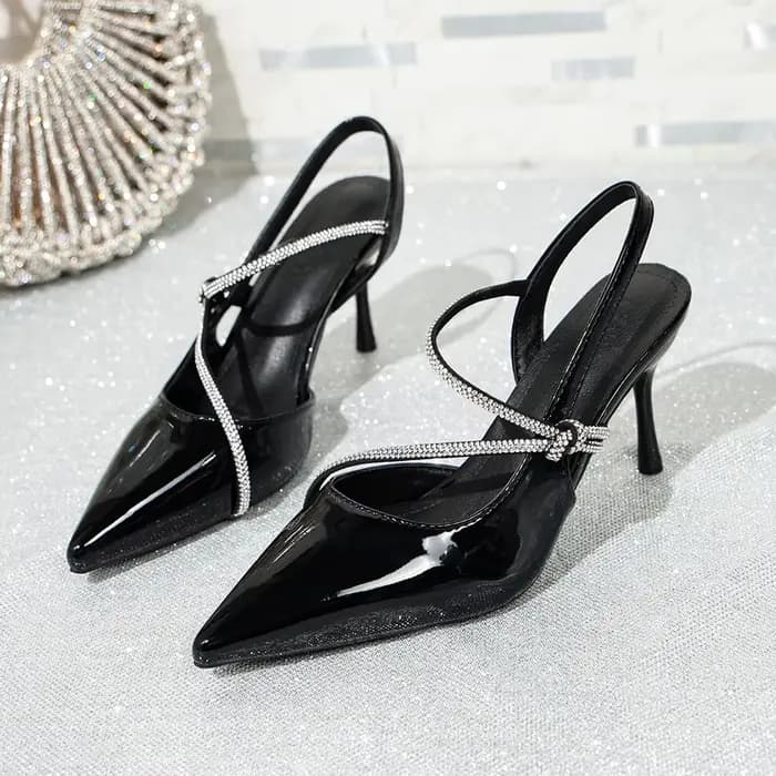 Escarpins Slingback Sexy en Cuir Verni Noir pour Femme, Été 2026, Luxe, à Paillettes, à Bout Pointu,