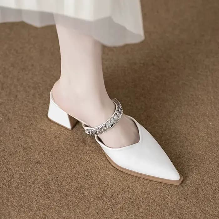 Mules à talon épais et bout pointu, style décontracté, chaîne métallique multicolore