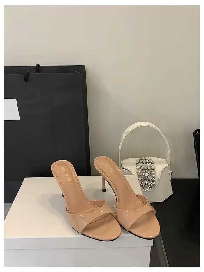 2026 Mode Sexy Mules à Talons Hauts Fins pour Femme, à Bout Ouvert, en Cuir Verni, Sandales d'Extéri