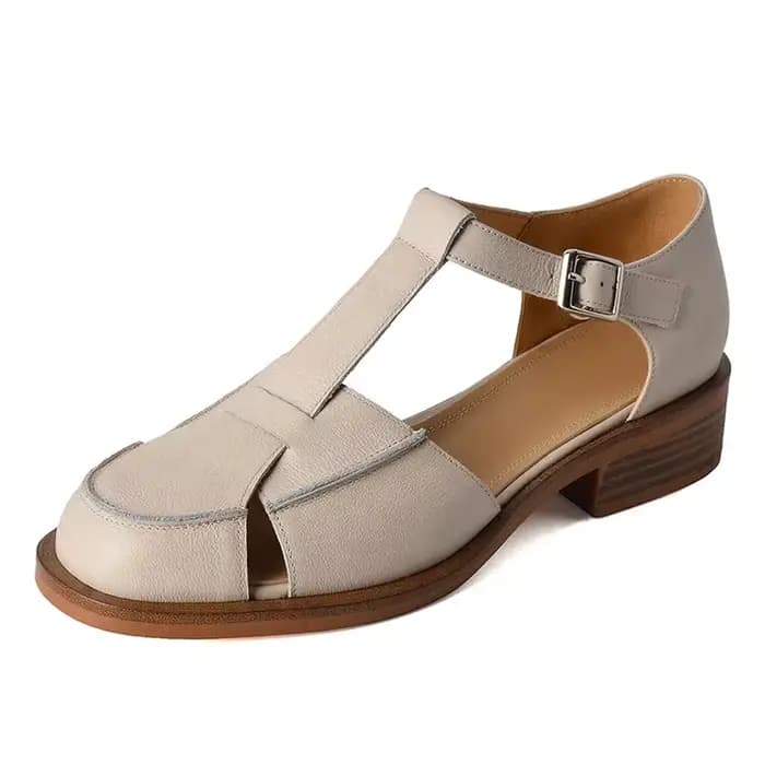 Sandales d'été 2023 en cuir de vachette à bout rond pour femme, chaussures à talon épais, chaussures