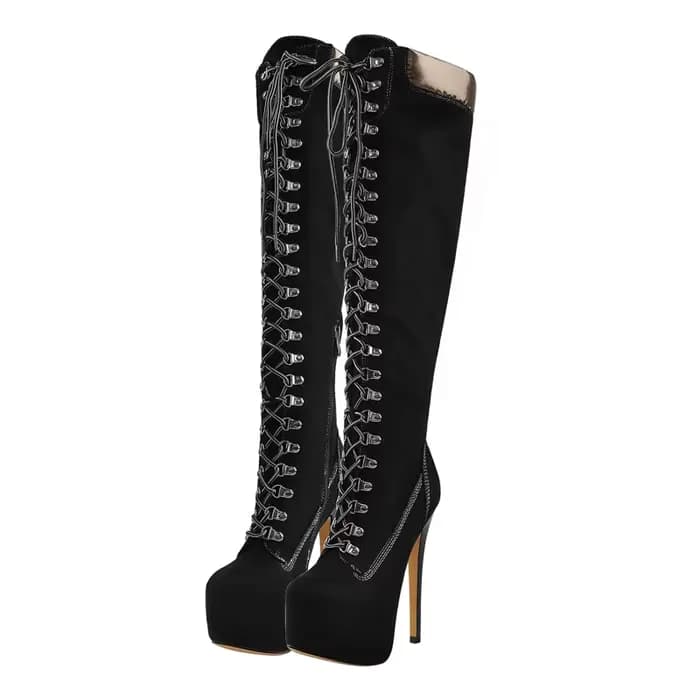 DALTol- Bottes Hautes à Plateforme pour Femme, Au-dessus du Genou, à Lacets Avant, Talon Fin, Stilet