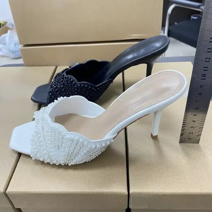 Élégantes sandales mules d'été à talons hauts pour femmes, à bout ouvert, ornées de perles, escarpin