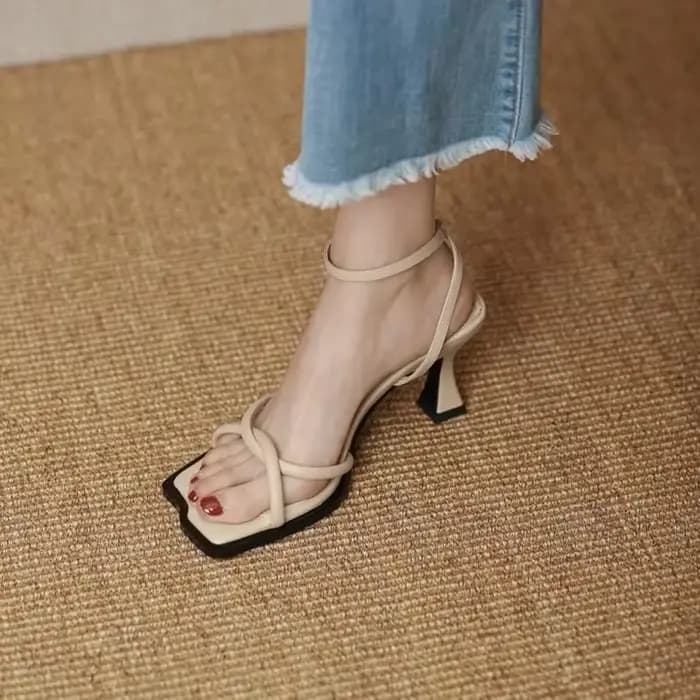 Sandales à talons à bande étroite pour femmes, optique, talon 7 cm, sangle de rinçage, mode, carré, 