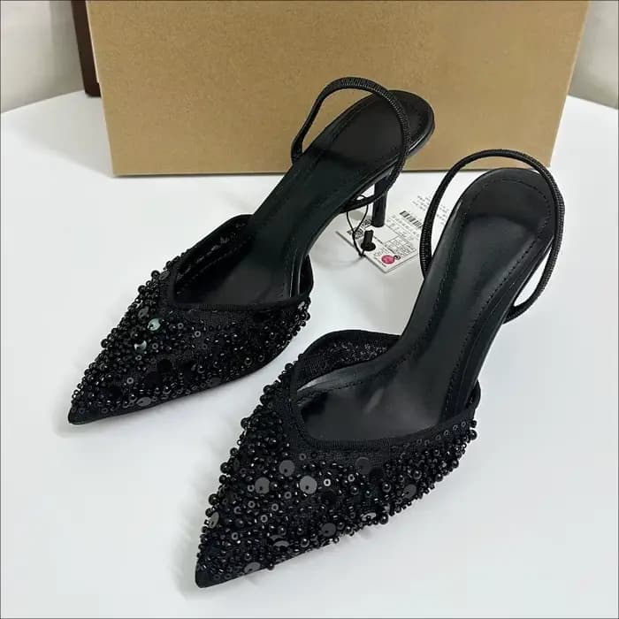 Chaussures de soirée élégantes à talons hauts pour femmes, paillettes scintillantes, perles, maille,