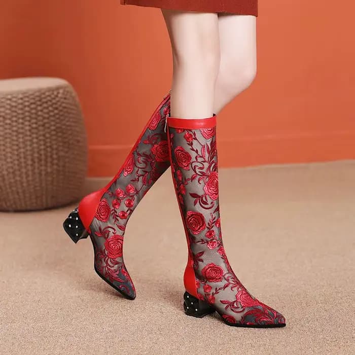 FHC-Bottes Sandales Hautes au Genou pour Femme, Chaussures en Maille, sulfBotas en Dentelle Brodée d