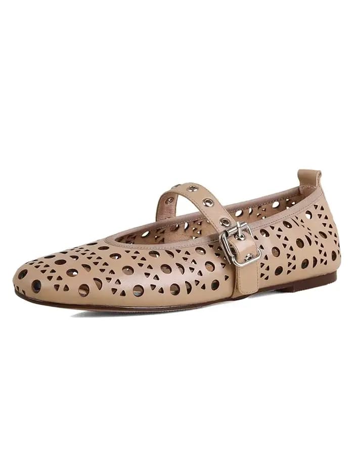 SmallHut 2026 Nouvelle Tendance Été Chaussures Plates Creuses pour Femmes en Cuir Véritable à Bout F