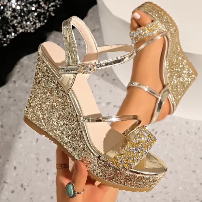 Nouvelles sandales d'été pour femmes à talon compensé, décorées de paillettes, talons hauts, rehauss