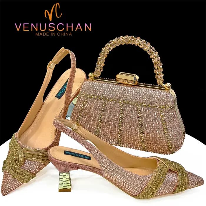 Venus Chan-Nigerian talon fête pour femmes chaussures et sac ensemble couleur Champagne strass sac à
