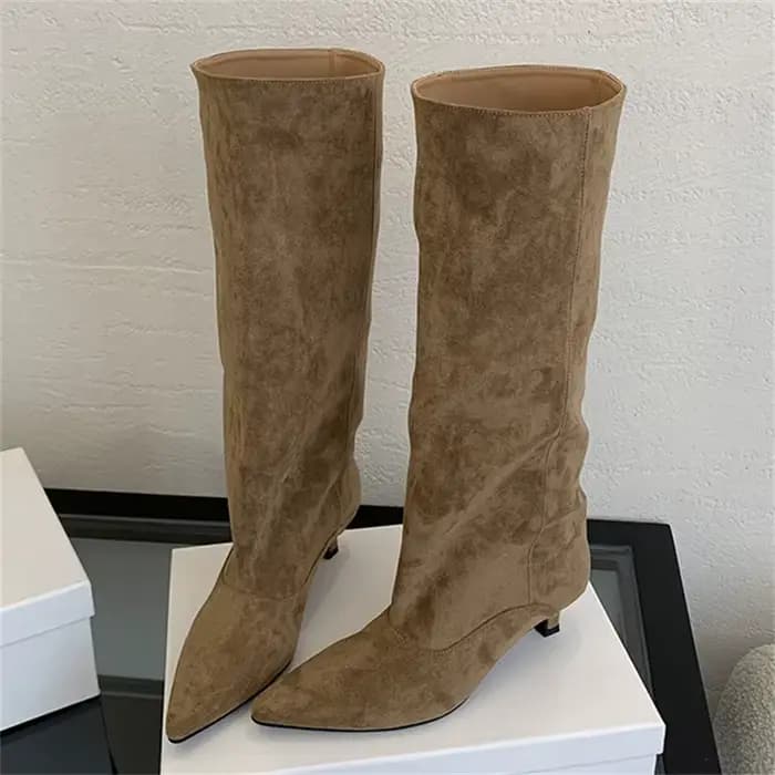 Automne hiver Style De rue bout pointu bottes hautes femmes talons bas chaussures femme chaussons lo