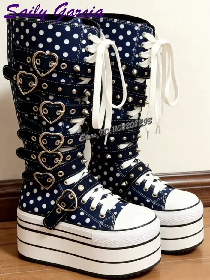 Bottes hautes en toile rose bonbon à boucle cœur, à pois, bout rond, à lacets croisés, style punk co