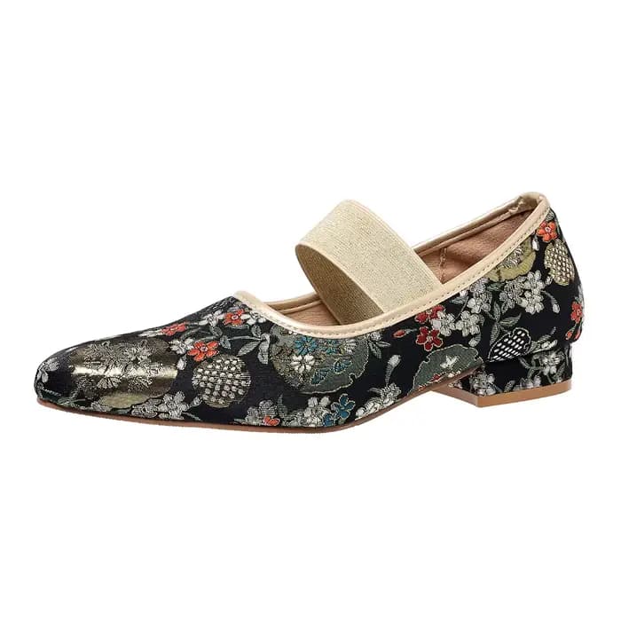 Chaussures à talons bas pour femmes, bande élastique, bout pointu, PUmps, tissu peu profond, broderi