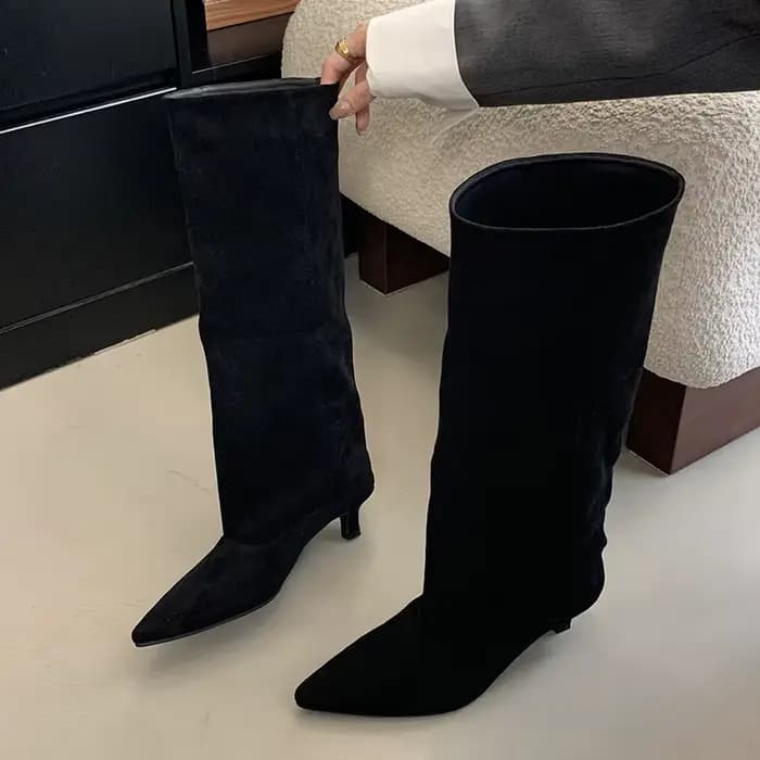 Automne hiver Style De rue bout pointu bottes hautes femmes talons bas chaussures femme chaussons lo