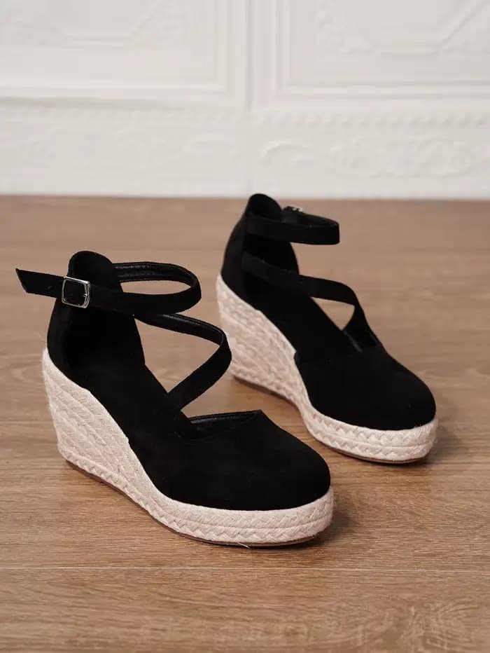 Sandales compensées en daim pour femmes, style espadrille, à bout couvert, avec boucle réglable, pla