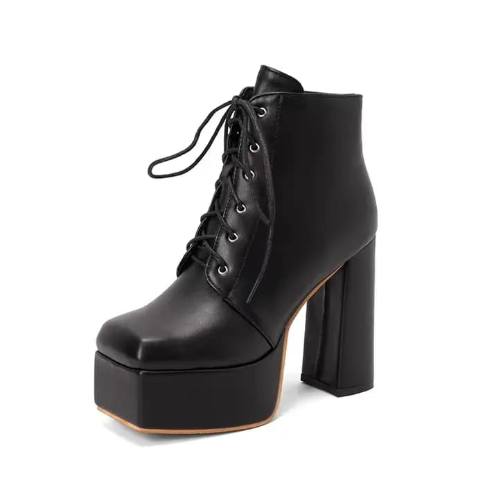 Bout carré plate-forme haute à talons hauts à lacets couleur unie bottes en cuir noir finition mate 