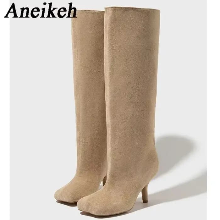 Aneikeh-Bottes Hautes au Genou pour Femme, Style de Rue, Mode, Carré, Parker, Punk, Talons Bas, Minc