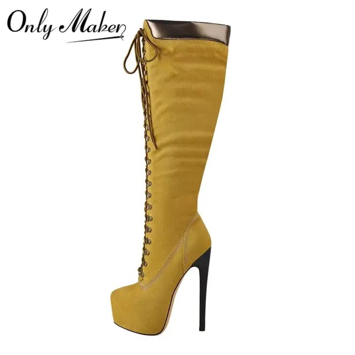 DALTol- Bottes Hautes à Plateforme pour Femme, Au-dessus du Genou, à Lacets Avant, Talon Fin, Stilet
