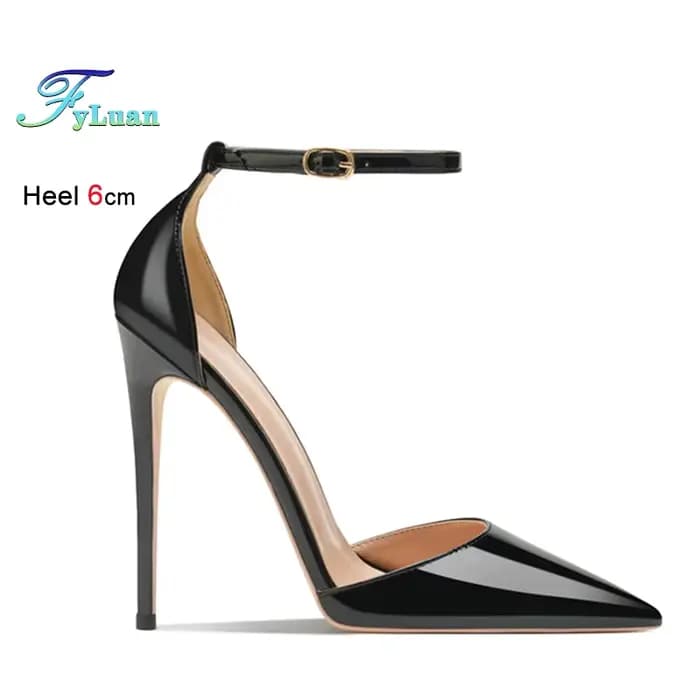 Escarpins en cuir verni pour femmes, 6cm, 8cm, 10cm, 12cm, lanière à la cheville, bout pointu, chaus