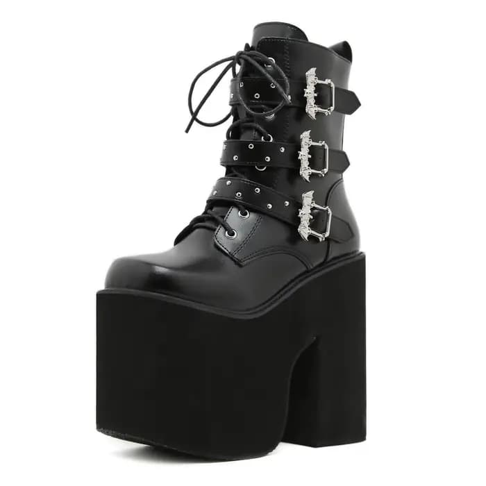 Gdgydh à lacets talon épais mi-mollet chaussons pour femmes bloc talon haut plate-forme bottes de Co