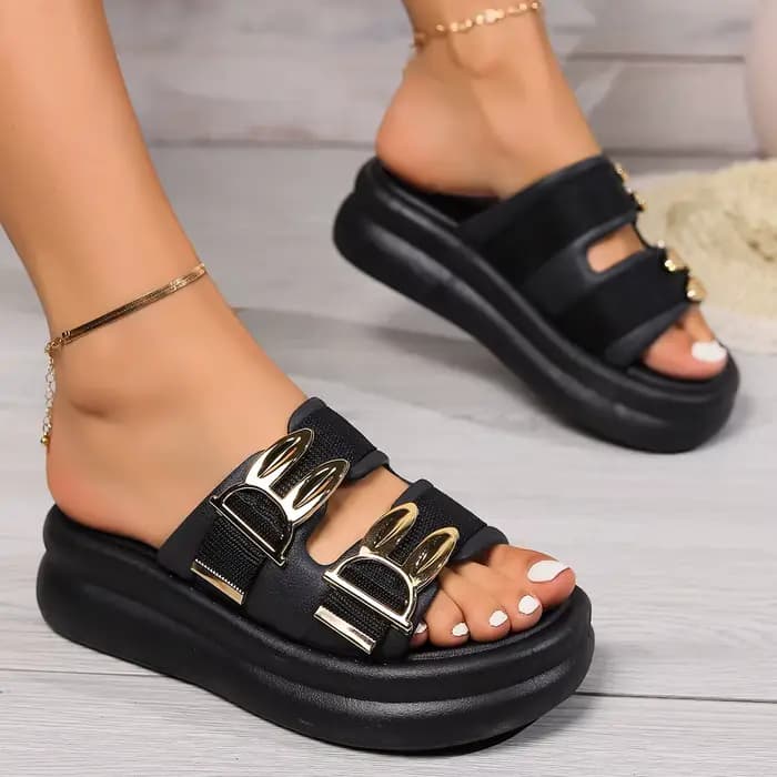Sandales compensées à fond épais doré pour femmes, chaussures d'été à bout ouvert, plateforme épaiss