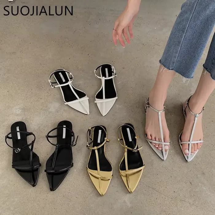 SUOJIALUN 2025 nouvelle marque femmes sandale mode bande étroite talon plat dames gladiateur chaussu