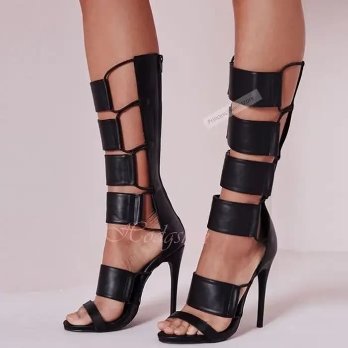 Découpes sangles sandales en cuir bottes genou haut creux solide talons aiguilles femmes sandales se