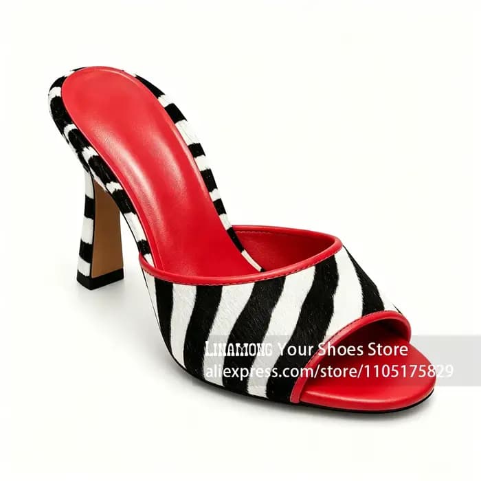 Mules à imprimé léopard en crin de cheval noir et blanc, style zèbre, sexy, à bout ouvert, talons ai