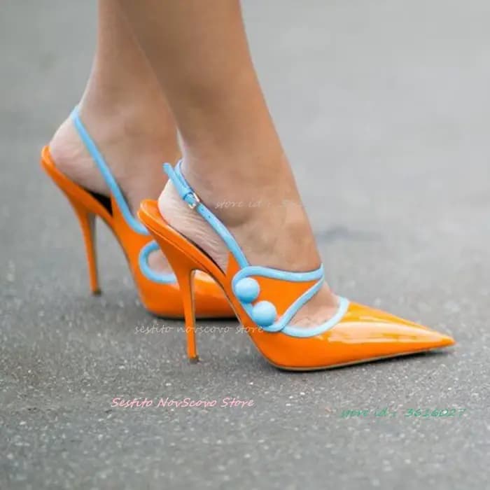 Bout pointu sandales orange talons aiguilles sangles de cou-de-pied boucle escarpins multicolores sa