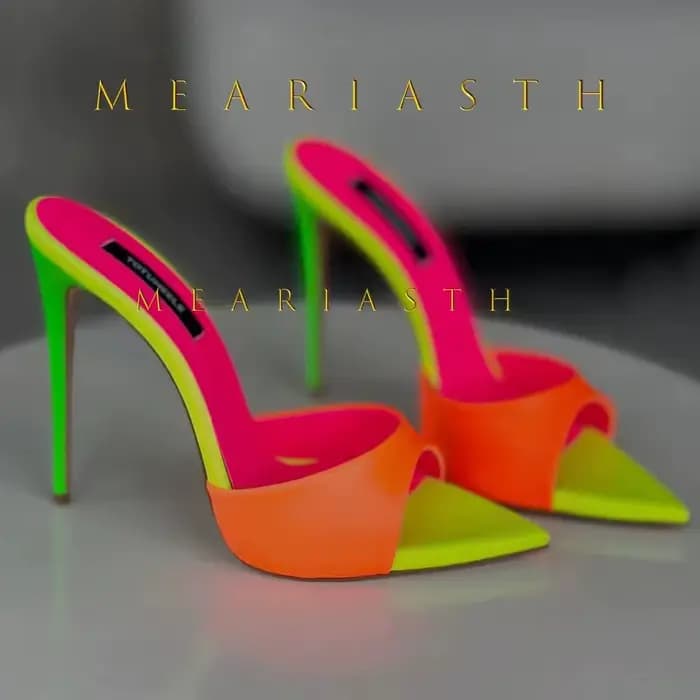 Mules à talon laqué de 12 cm, bout ouvert, sexy, style stiletto, en cuir verni multicolore, faites à