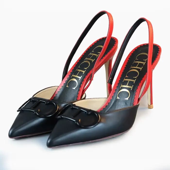 Escarpins Slingback Noir et Rouge Contrastés 2026 CH Fashion pour Femme, Bout Pointu, Boucle Métalli