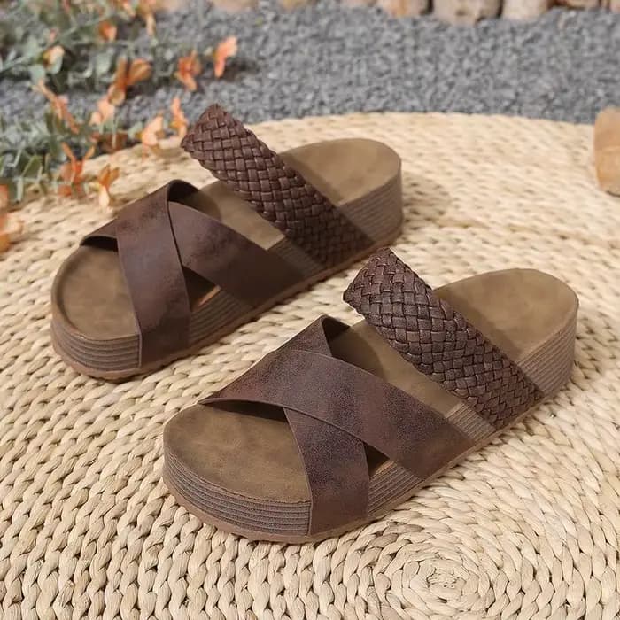 Nouvelles sandales d'été compensées pour femmes, mules tressées à brides croisées, bout ouvert, conf