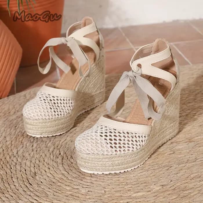 Sandales compensées en maille pour femme, style espadrille, à talon couvert, à lacets, en jute tress
