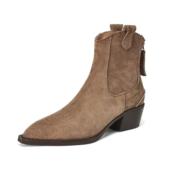 Bottines occidentales en daim naturel pour femmes, tendance 2026, marron, kaki, noir, talons mi-bloc