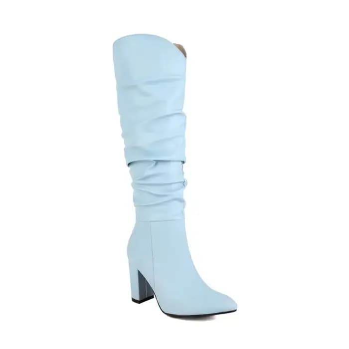 Bottes en cuir rose plissé bleu ciel pour femmes, talon optique de 8cm, bottes pointues courtes, fou