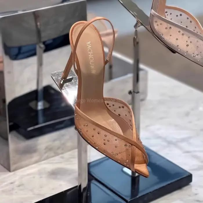 Sandales à talons aiguilles pointus en dentelle pour femmes, élégantes, couleur chair, sangle arrièr