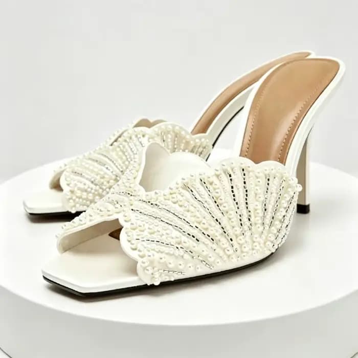 Sandales à talons pour femme, collection été 2026, bout carré, mules à talon aiguille, perles faites