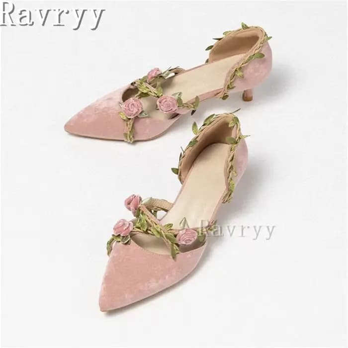 Escarpins pointus à fleurs roses pour femmes, sandales à talons moyens peu profonds, style nickel é,