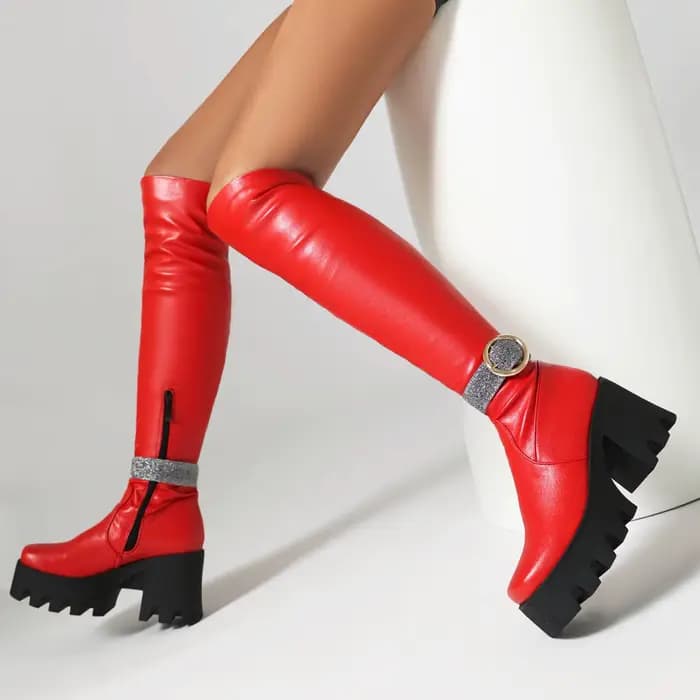 Plate-forme grande taille avec talons épais très hauts, bottes élastiques confortables, sangle de ch
