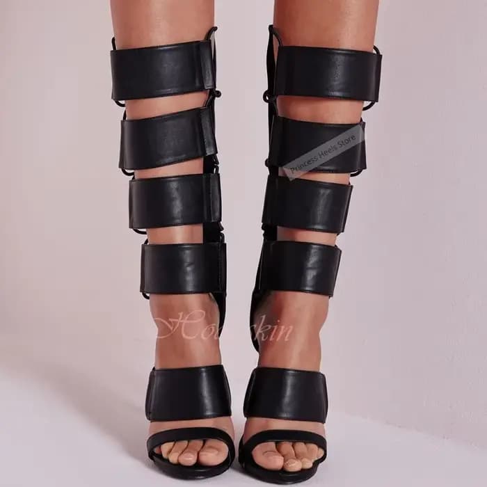 Découpes sangles sandales en cuir bottes genou haut creux solide talons aiguilles femmes sandales se