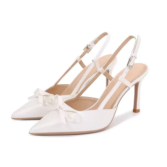 Escarpins pointus à nœud papillon en satin pour femmes, chaussures de mariage blanches, talons à bri
