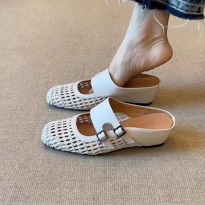 Mules tissées ajourées pour femmes, à bout carré, à double boucle, à talon compensé, à enfiler, styl