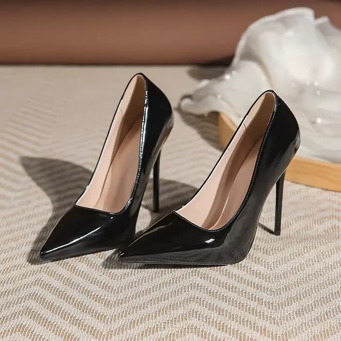 Escarpins classiques à talons hauts en cuir verni couleur unie pour femme, talon aiguille 12 cm, cha